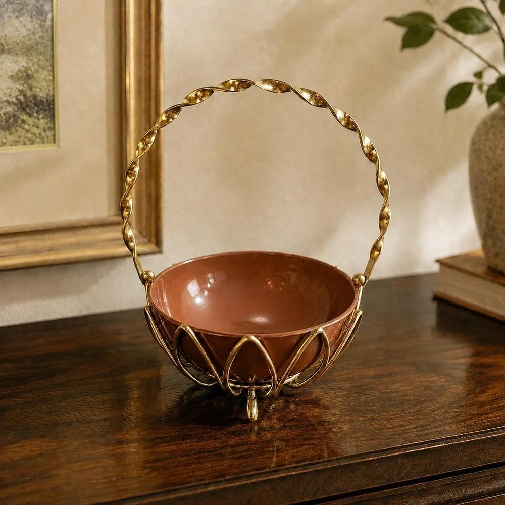 Vintage Gold Wire Basket Copper Bowl - MCM Peoria Plastic Candy Dish - 1960s